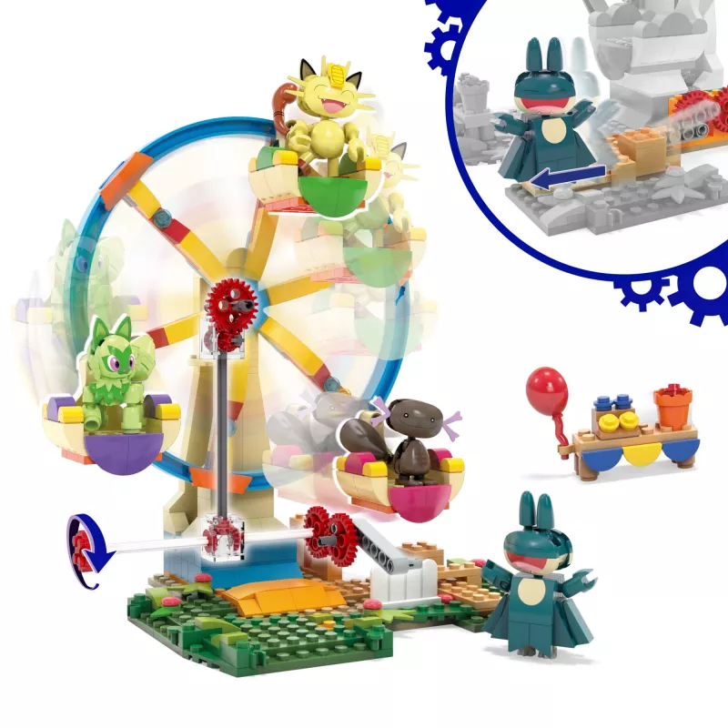 MEGA Pokémon Ferris Wheel Fun statybinis žaislų rinkinys su 4 veikėjų figūrėlėmis (393 detalės) vaikams