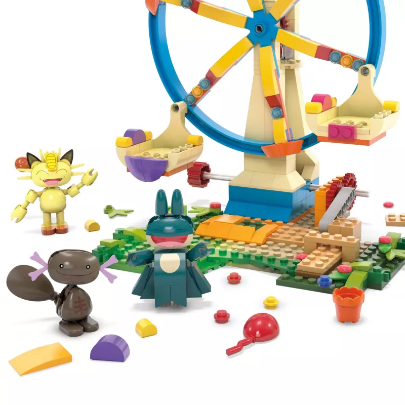 MEGA Pokémon Ferris Wheel Fun statybinis žaislų rinkinys su 4 veikėjų figūrėlėmis (393 detalės) vaikams
