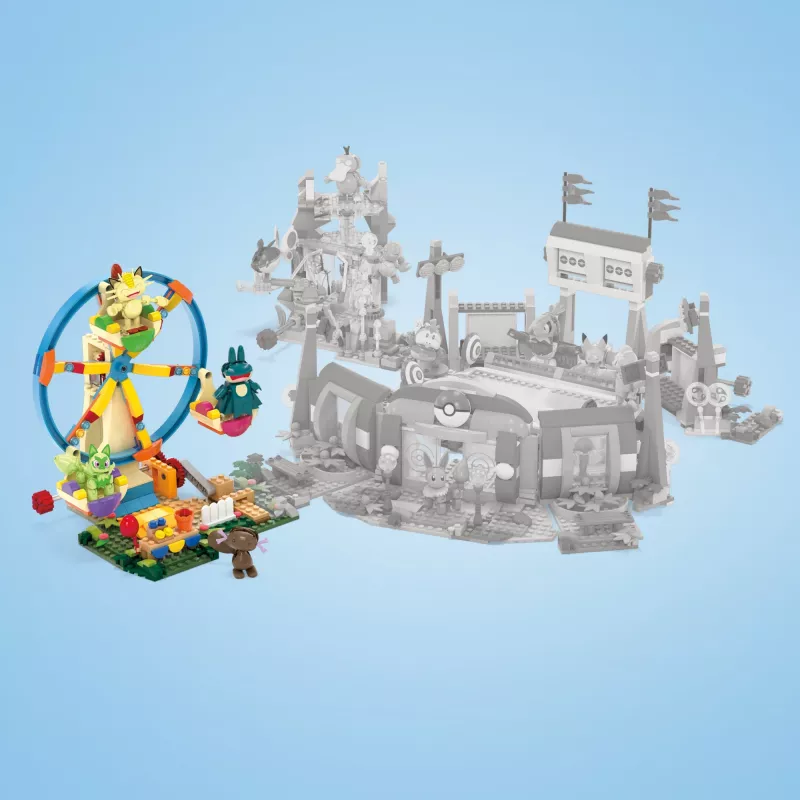 MEGA Pokémon Ferris Wheel Fun statybinis žaislų rinkinys su 4 veikėjų figūrėlėmis (393 detalės) vaikams