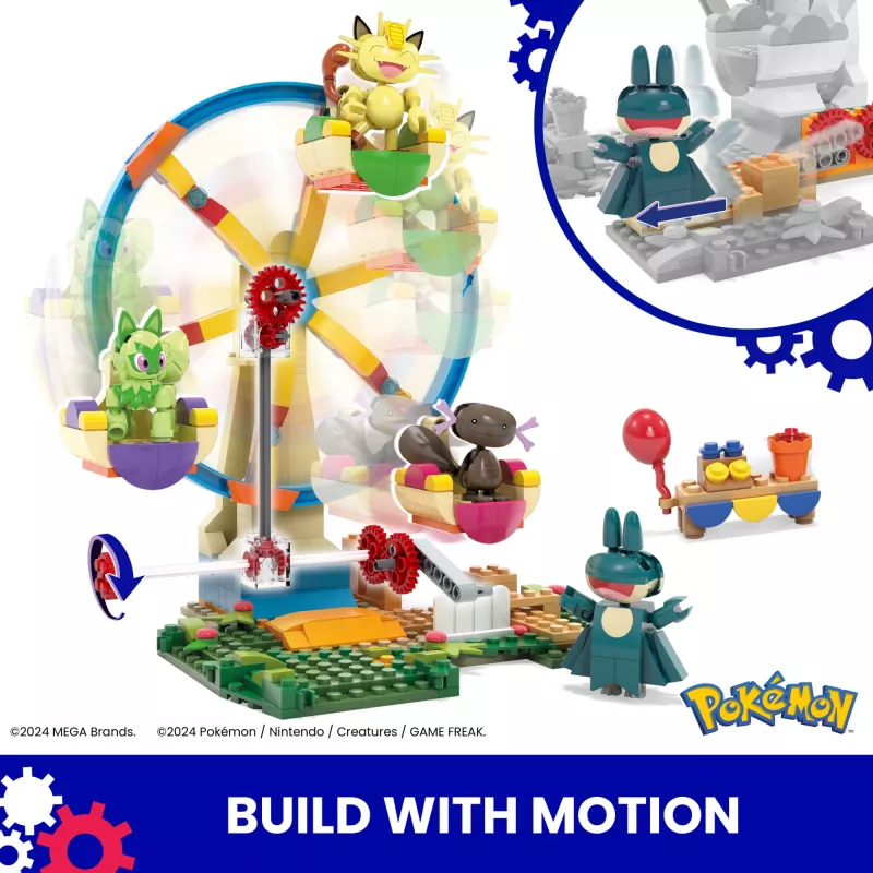 MEGA Pokémon Ferris Wheel Fun statybinis žaislų rinkinys su 4 veikėjų figūrėlėmis (393 detalės) vaikams