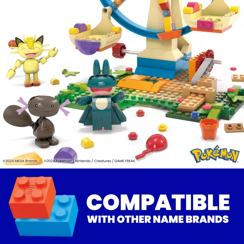 MEGA Pokémon Ferris Wheel Fun statybinis žaislų rinkinys su 4 veikėjų figūrėlėmis (393 detalės) vaikams
