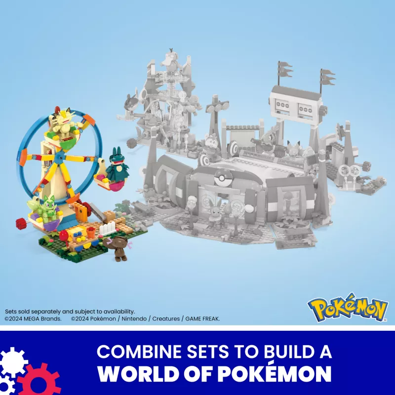 MEGA Pokémon Ferris Wheel Fun statybinis žaislų rinkinys su 4 veikėjų figūrėlėmis (393 detalės) vaikams