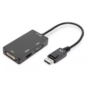 DIGITUS ASSMANN DisplayPort keitiklio laidas, DP – HDMI+DVI+VGA M-F/F/F, 20 cm, 3 viename multimedijos laidas, CE, juodas