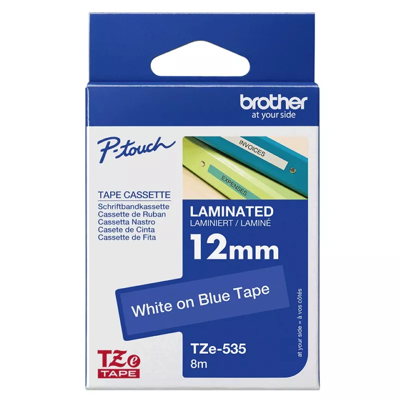 Lipnių juosta Brother TZe535 12mm balta ant mėlynos