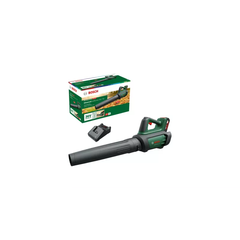 Bosch AdvancedLeafBlower 36V-750 belaidis lapų pūstuvas, 36 V, 1x 2,0 Ah, komplektuojamas su įkrovikliu, 750 m³/h, 100–200 km/h, bešepetėlio tipo, 3,5 kg, žalias ir juodas