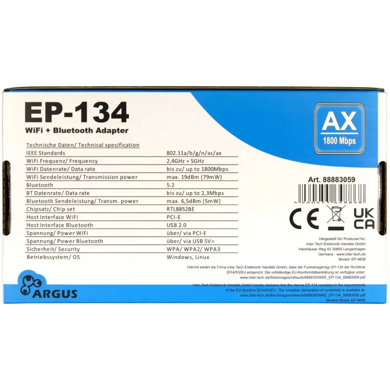 Inter-Tech Argus EP-134 vidinis WLAN ir Bluetooth adapteris, 1800 Mbit/s