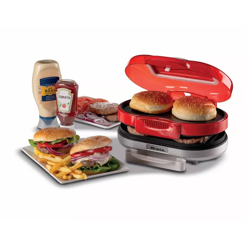 Ariete 205 Hamburger Maker Party Time, mėsmalė mėsainiams, 1200 W, dvigubos nelimpančios plokštės, 2 skyriai, lengvai valoma, raudona