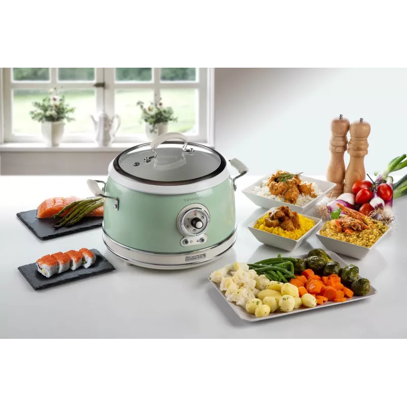 Ryžių virimo aparatas Ariete 2904 – elektrinis ryžių virimo aparatas su keramikiniu dubeniu – naminė suši – multivirklys – Vintage Line – 3,5 L – 650 W – žalias