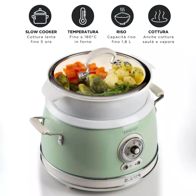 Ryžių virimo aparatas Ariete 2904 – elektrinis ryžių virimo aparatas su keramikiniu dubeniu – naminė suši – multivirklys – Vintage Line – 3,5 L – 650 W – žalias