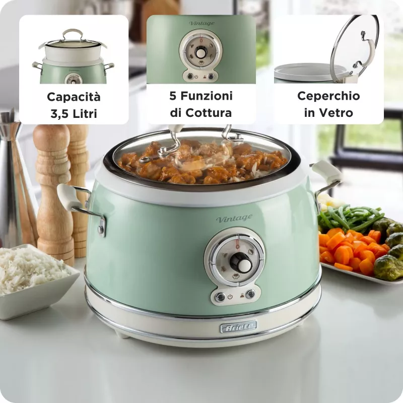 Ryžių virimo aparatas Ariete 2904 – elektrinis ryžių virimo aparatas su keramikiniu dubeniu – naminė suši – multivirklys – Vintage Line – 3,5 L – 650 W – žalias