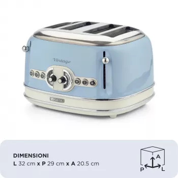 Ariete 156 4-ių griežinėlių vintage skrudintuvas, 1600 W, 6 skrudinimo lygiai, nerūdijantis plienas su pastelinės mėlynos spalvos danga, be sumuštinių laikiklių, mėlynas