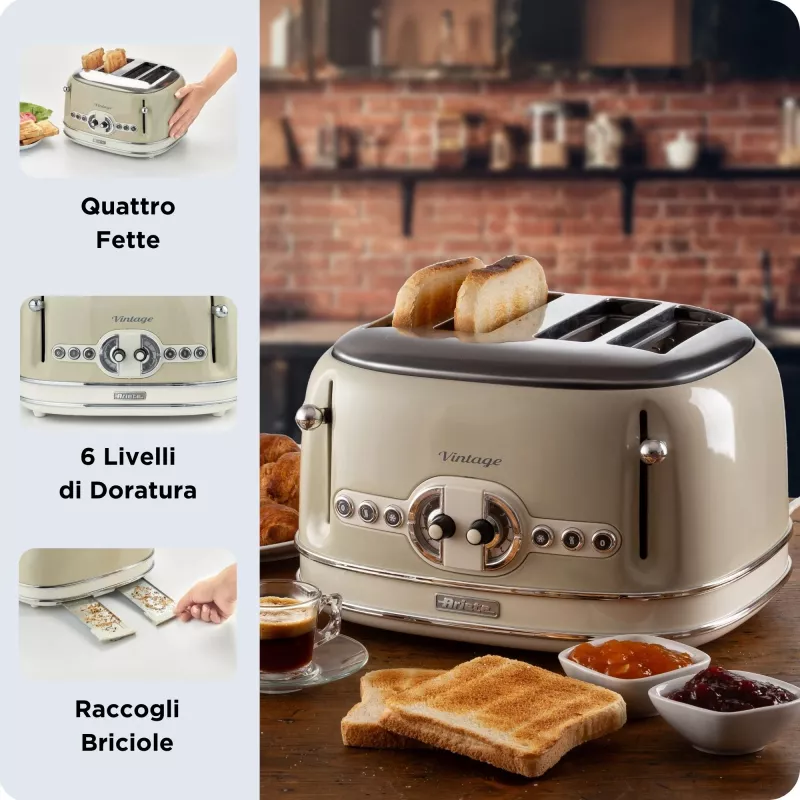 Ariete 156 4-jų riekių vintage skrudintuvas, 1600 W, 6 skrudinimo lygiai, nerūdijantis plienas, pastelinė smėlio spalva