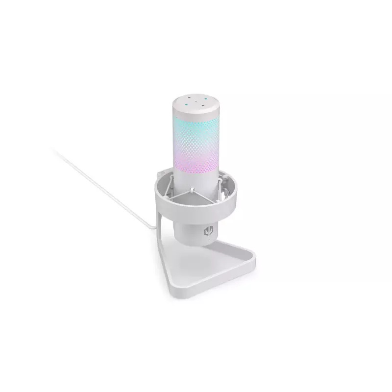 ENDORFY AXIS Streaming White – USB mikrofonas, kardioidinis, 30–18 kHz, 192 kHz/24 bit, stalinis stovas, nutildymas, ausinių išvestis