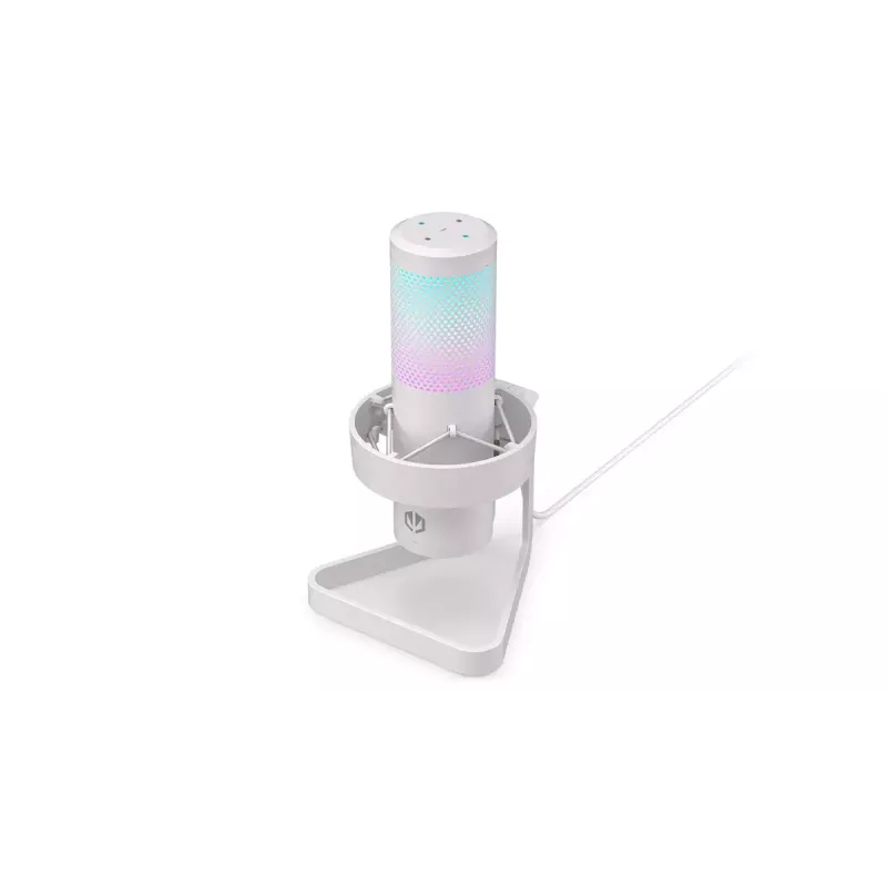 ENDORFY AXIS Streaming White – USB mikrofonas, kardioidinis, 30–18 kHz, 192 kHz/24 bit, stalinis stovas, nutildymas, ausinių išvestis