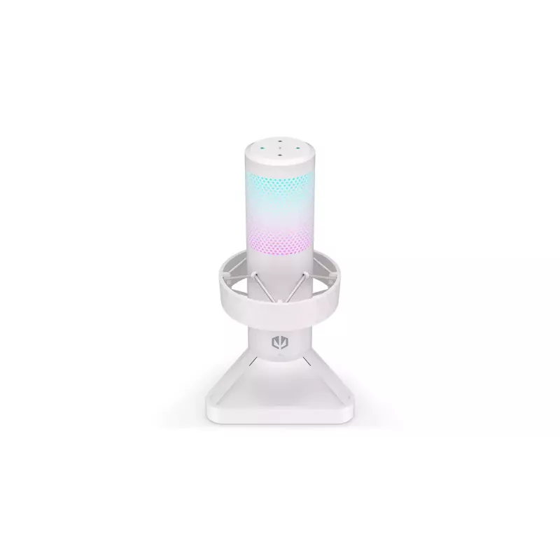 ENDORFY AXIS Streaming White – USB mikrofonas, kardioidinis, 30–18 kHz, 192 kHz/24 bit, stalinis stovas, nutildymas, ausinių išvestis