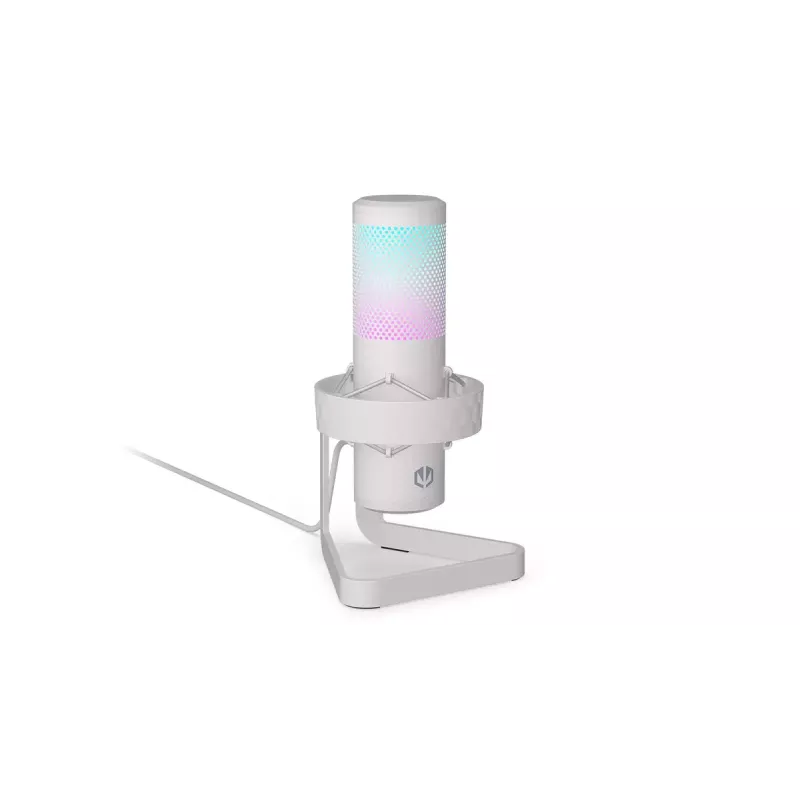 ENDORFY AXIS Streaming White – USB mikrofonas, kardioidinis, 30–18 kHz, 192 kHz/24 bit, stalinis stovas, nutildymas, ausinių išvestis