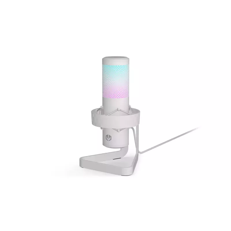 ENDORFY AXIS Streaming White – USB mikrofonas, kardioidinis, 30–18 kHz, 192 kHz/24 bit, stalinis stovas, nutildymas, ausinių išvestis