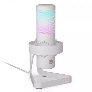 ENDORFY AXIS Streaming White – USB mikrofonas, kardioidinis, 30–18 kHz, 192 kHz/24 bit, stalinis stovas, nutildymas, ausinių išvestis
