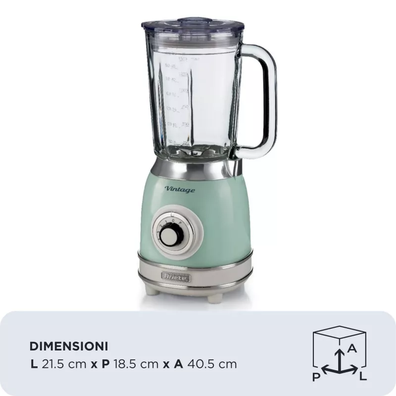 Ariete 583, Retro maišytuvas su 1,5 litro stikliniu dubeniu, 4 nerūdijančio plieno peiliais, 4 greičiais + impulsas, 1000 W, žalias