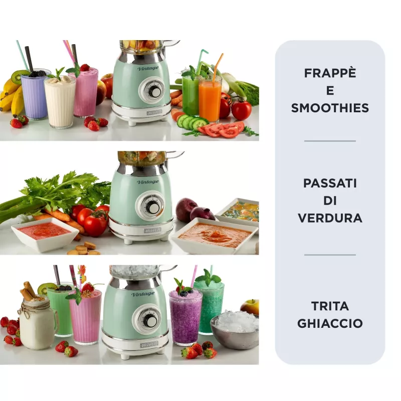 Ariete 583, Retro maišytuvas su 1,5 litro stikliniu dubeniu, 4 nerūdijančio plieno peiliais, 4 greičiais + impulsas, 1000 W, žalias