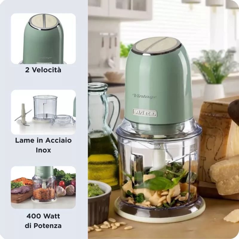 Ariete 438, Vintage Chopper, Smulkintuvas ir ledo trupintuvas, 2 greičiai, 4 nerūdijančio plieno peiliai, 600 ml graduotas indas, 400 W, Žalia