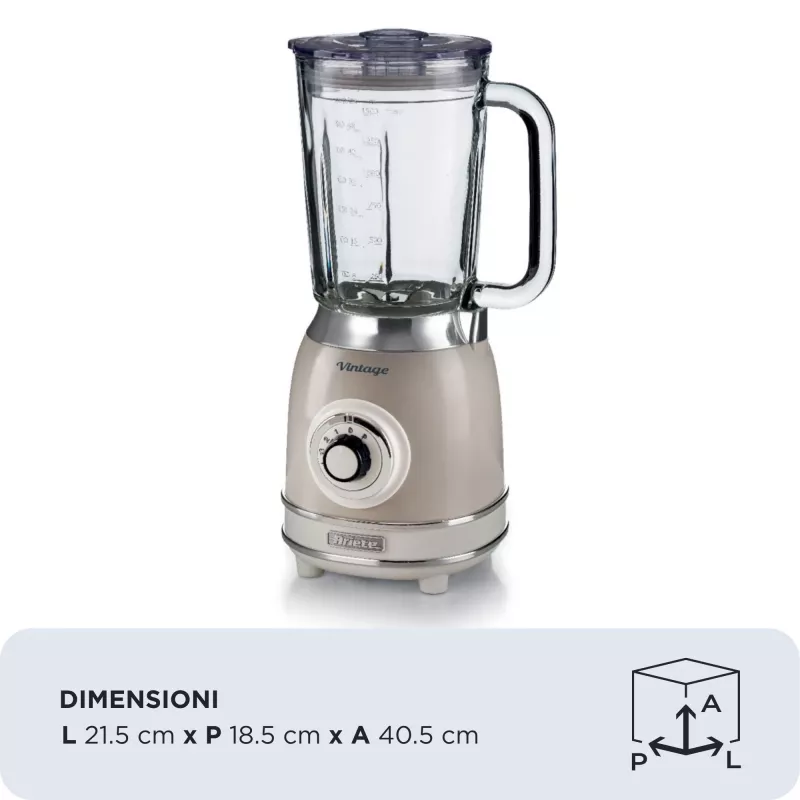 Ariete 583, Vintage blenderis su 1,5 l stikline taure, 4 nerūdijančio plieno peiliais, 4 greičiai + impulsas, 1000 W, smėlio spalvos