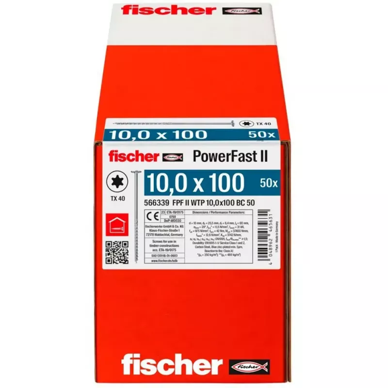 Medienos konstrukcinis varžtas FISCHER PowerFast II 10.0x100 mm plokščia galvutė TX cinkuotas