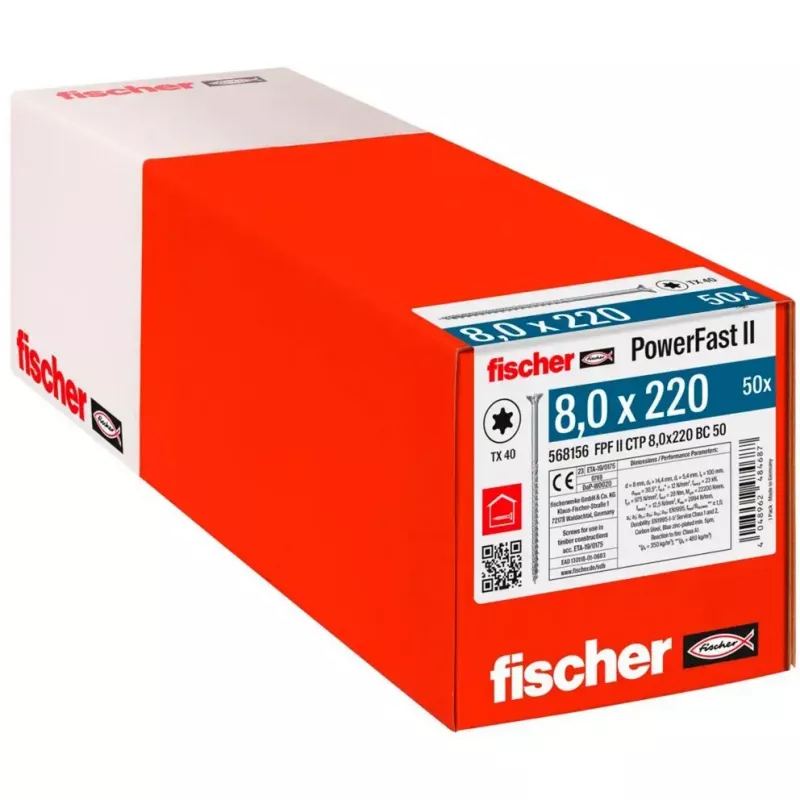 Medienos konstrukcinis varžtas FISCHER PowerFast II 8,0x220 mm įgilinta galvutė TX cinkuotas