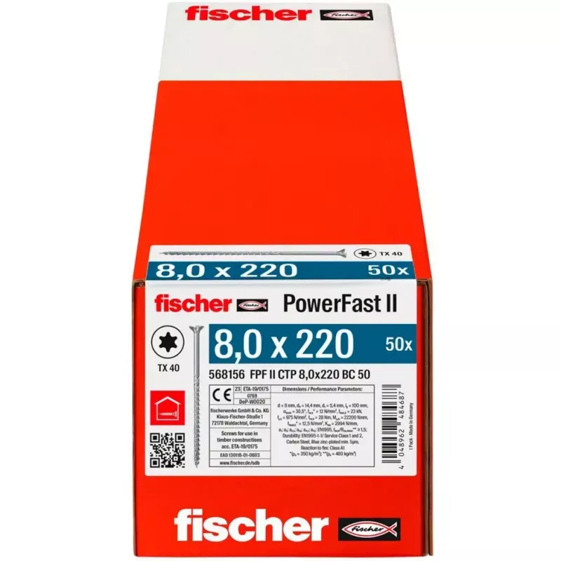 Medienos konstrukcinis varžtas FISCHER PowerFast II 8,0x220 mm įgilinta galvutė TX cinkuotas