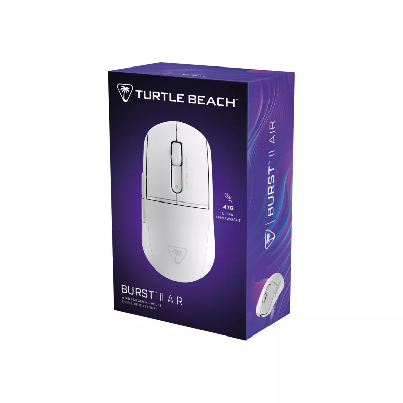 Turtle Beach Burst II Air White – 2,4 GHz belaidė žaidimų pelė: 47 g itin lengvas svoris, optiniai jungikliai, 26K DPI optinis jutiklis, Bluetooth, 120 h baterija