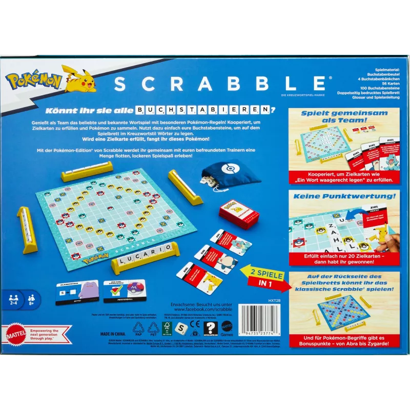 Stalo žaidimas Scrabble Pokémon, klasikinis šeimos žodžių žaidimas su dviem žaidimo būdais 2-4 žaidėjams, vokiškas leidimas