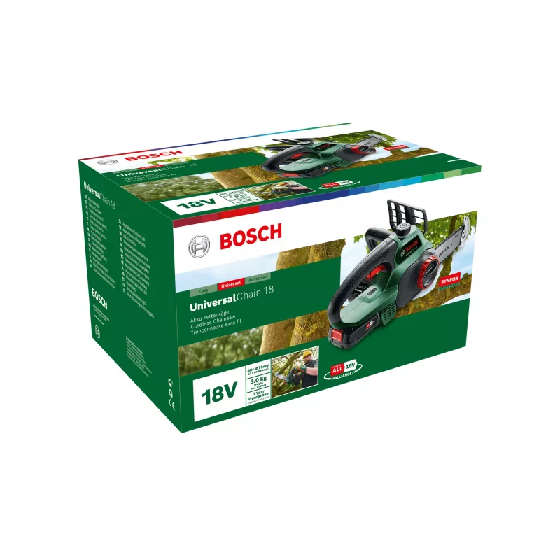 Belaidis grandininis pjūklas Bosch UniversalChain 18 — 13,5 cm grandinė, 20 cm padanga, 2,5 Ah akumuliatorius, 3 kg