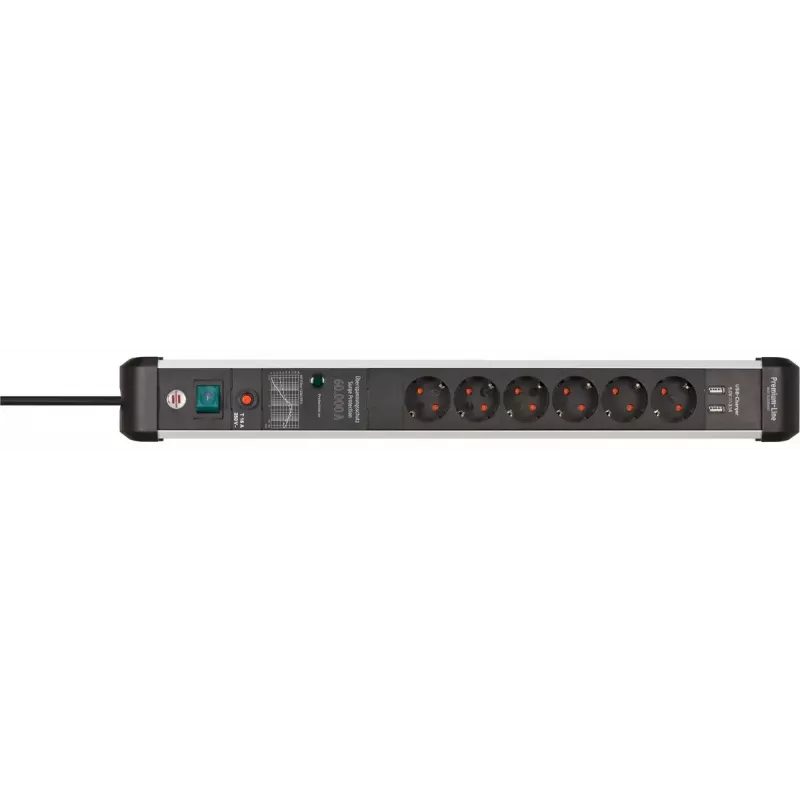 Prailginimo laidas su apsauga nuo viršįtampių Brennenstuhl Premium-Protect-Line 1391010610 3 m 6 AC kištukinių lizdų, 2 USB, juodas sidabrinis