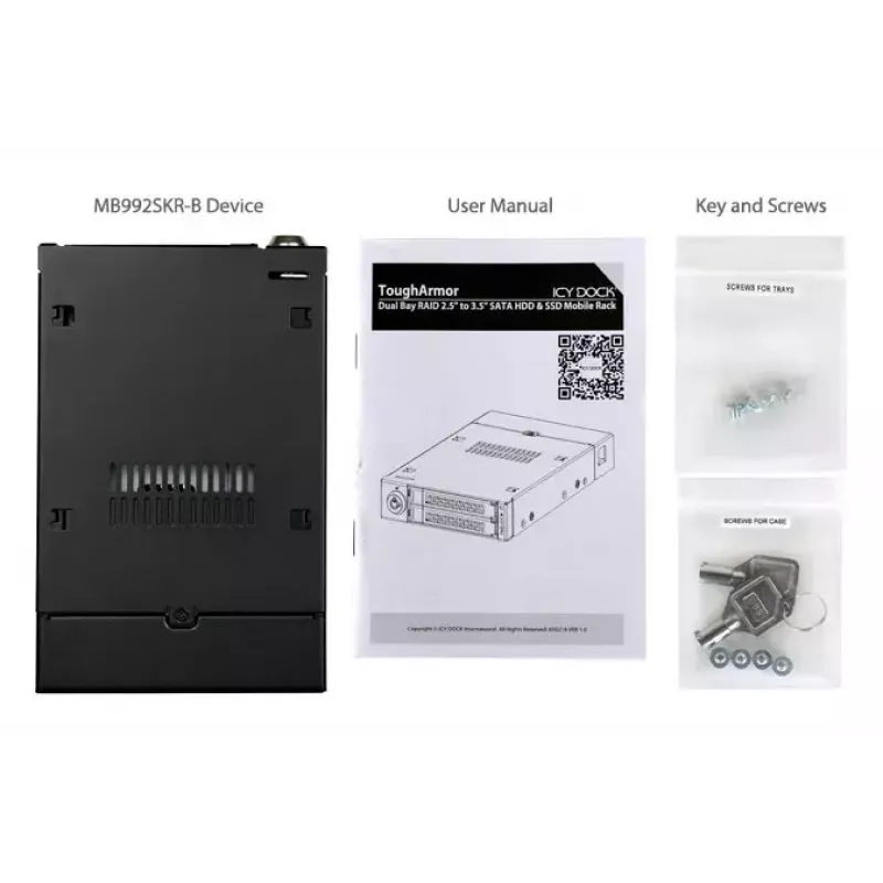 Icy Dock ToughArmor MB992SKR-B – išorinis 3,5 inch lizdo korpusas dviem 2,5 inch SSD/HDD su aparatiniu RAID