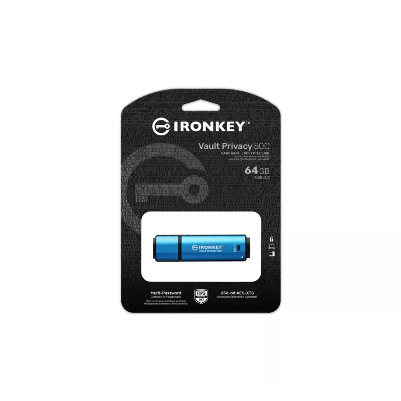 Kingston Technology IronKey 64GB USB-C Vault Privacy 50C AES-256 šifruotas, FIPS 197