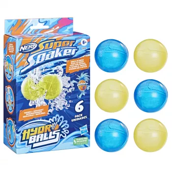 Vandens kamuoliukai HASBRO Nerf Super Soaker Hydro Balls – įmontuota talpa, 6 vnt., plastikas, mėlyna/geltona, nuo 6 m.