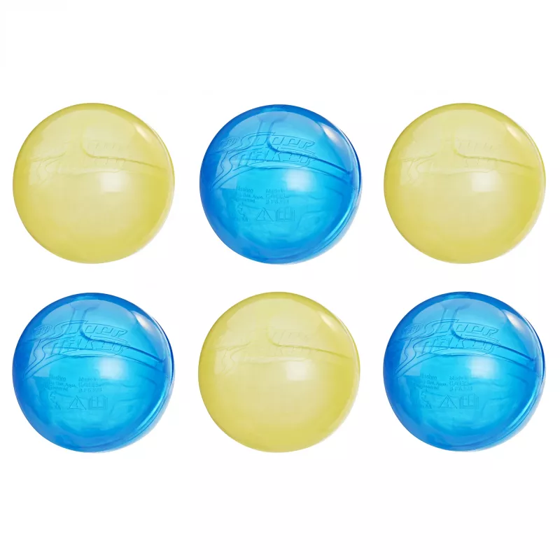 Vandens kamuoliukai HASBRO Nerf Super Soaker Hydro Balls – įmontuota talpa, 6 vnt., plastikas, mėlyna/geltona, nuo 6 m.