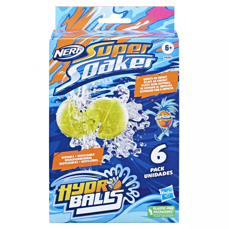 Vandens kamuoliukai HASBRO Nerf Super Soaker Hydro Balls – įmontuota talpa, 6 vnt., plastikas, mėlyna/geltona, nuo 6 m.