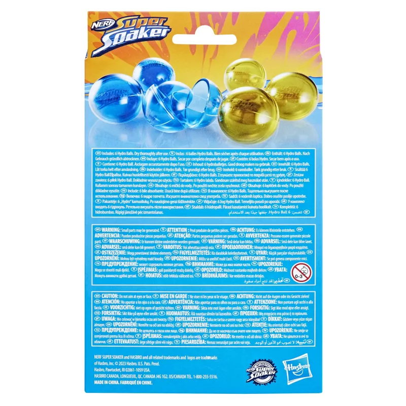 Vandens kamuoliukai HASBRO Nerf Super Soaker Hydro Balls – įmontuota talpa, 6 vnt., plastikas, mėlyna/geltona, nuo 6 m.