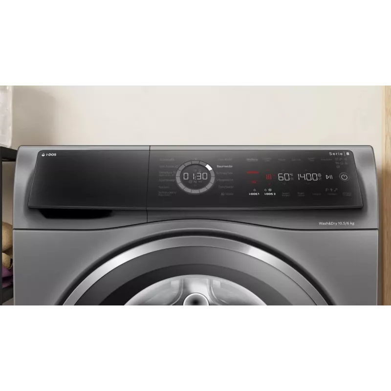 Bosch Serie 8 WNC254AS0 skalbyklė su džiovintuvu Laisvai pastatoma Priekinio pakrovimo Nerūdijantis plienas
