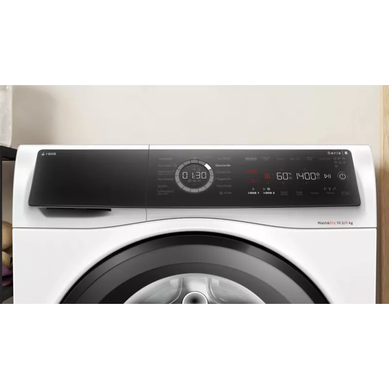 Bosch Serie 8 WNC254A40 skalbyklė su džiovykle, priekinio pakrovimo, laisvai pastatoma, balta
