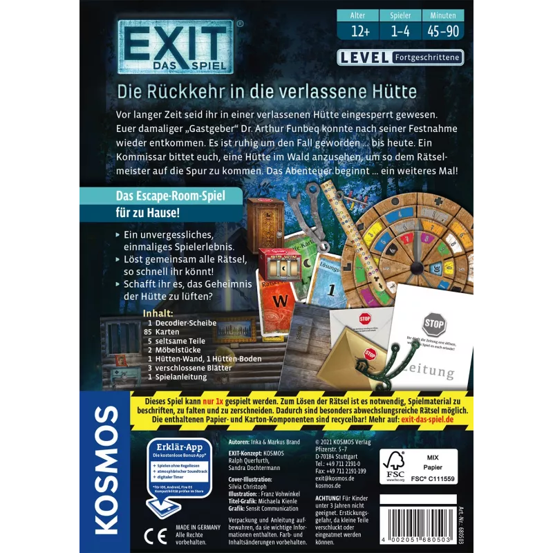 Kosmos EXIT - Die Rückkehr in die verlassene Hütte stalo žaidimas „pabėgimas“, 1–4 žaidėjai, 12+ metų, šeimos žaidimas