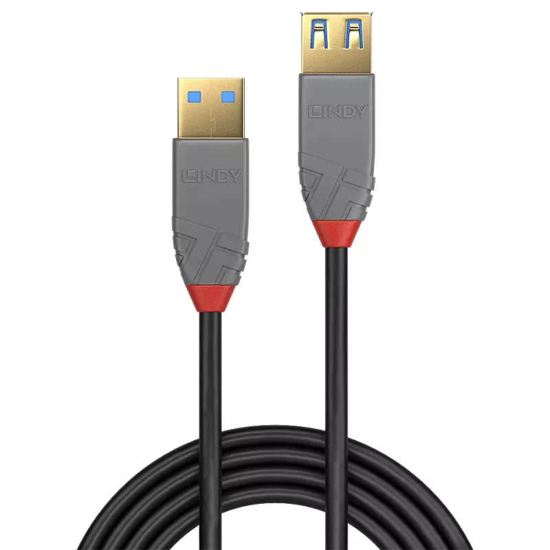 Lindy 36763 Anthra Line USB 3.2 Gen 1 Type A ilginamasis kabelis, USB-A kištukas – USB-A lizdas, 5 Gbps, 3 m, juodas/pilkas