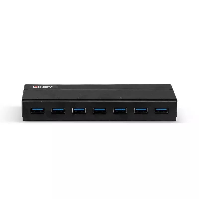 Lindy 7 prievadų USB 3.0 šakotuvas su BC 1.2 įkrovimu, juodas, plastikinis