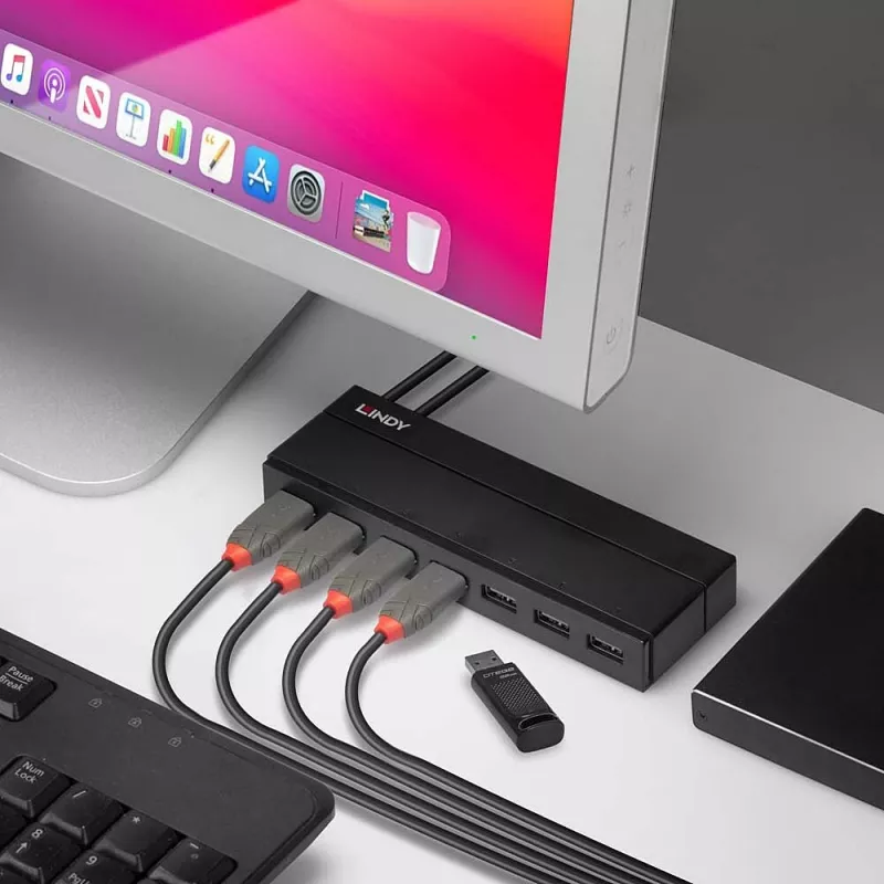Lindy 7 prievadų USB 3.0 šakotuvas su BC 1.2 įkrovimu, juodas, plastikinis