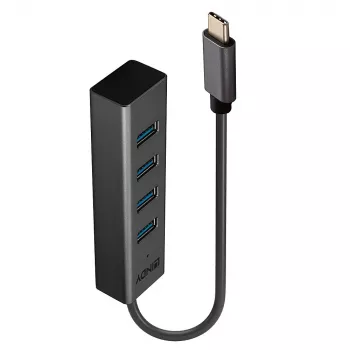 Lindy 4 prievadų USB 3.2 tipo C šakotuvas, USB 3.2 Gen 1 (3.1 Gen 1) Type-C, USB 3.2 Gen 1 (3.1 Gen 1) Type-A, 5000 Mbit/s, pilka, aliuminis, plastikas, 0,3 m