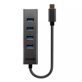 Lindy 4 prievadų USB 3.2 tipo C šakotuvas, USB 3.2 Gen 1 (3.1 Gen 1) Type-C, USB 3.2 Gen 1 (3.1 Gen 1) Type-A, 5000 Mbit/s, pilka, aliuminis, plastikas, 0,3 m