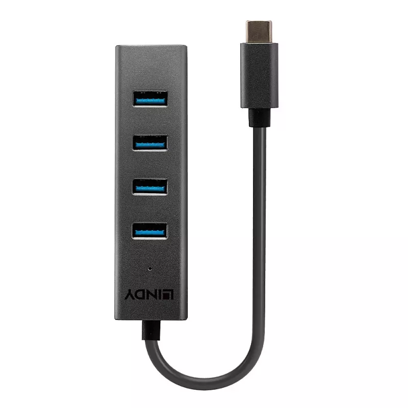 Lindy 43325 4 prievadų USB 3.2 Gen 1 Type-C šakotuvas, 4x USB-A, 5 Gbps, pilkas, aliuminis/plastikas