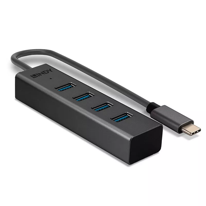 Lindy 43325 4 prievadų USB 3.2 Gen 1 Type-C šakotuvas, 4x USB-A, 5 Gbps, pilkas, aliuminis/plastikas