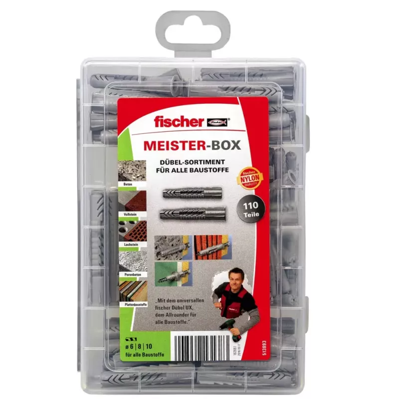 Fischer MEISTER-BOX UX/UX R – universalūs inkariniai kaiščiai betonui ir mūrui, 110 vnt. dėžė